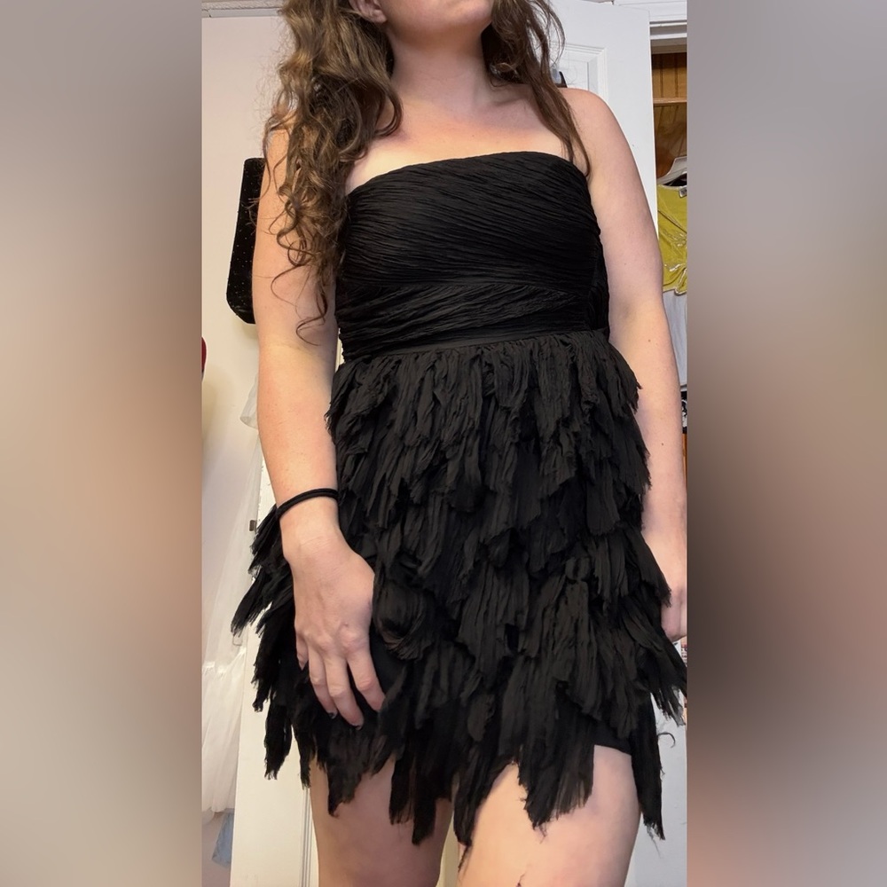 Elizabeth and James Silk Chiffon Black Strapless Foliage Dress Size 2 Cocktail - Picture 2 of 15